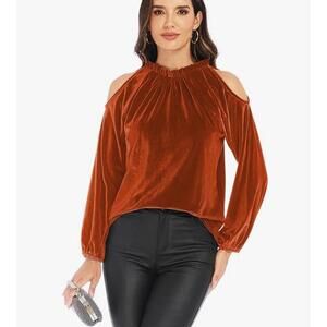 Women's Cold Shoulder Velvet Blouse - Rust Brown